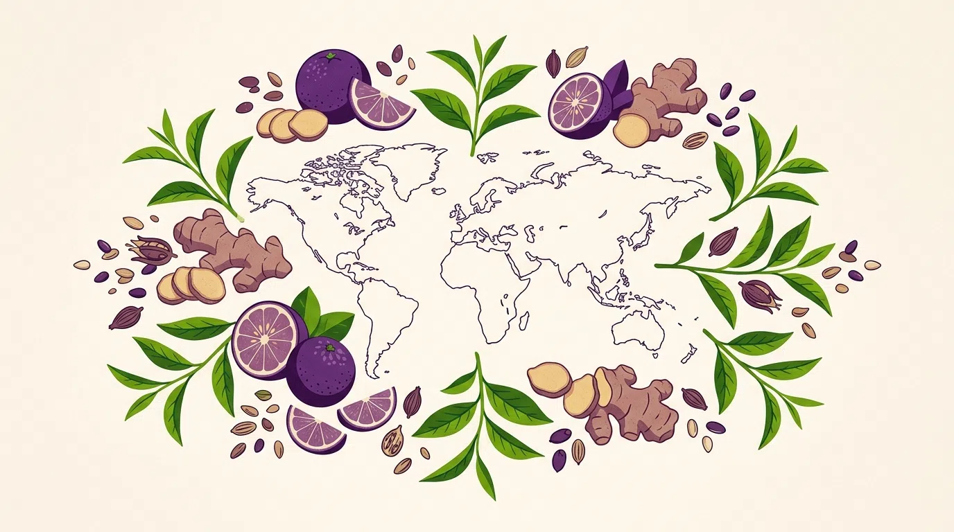 Botanical ingredients from around the world - green tea extract food supplement sources illustrated