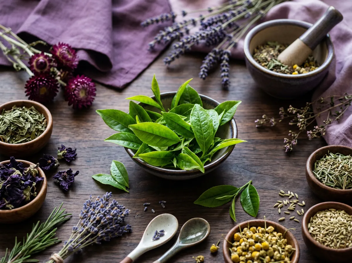 Green tea leaves flat lay - green tea extract food supplement ingredient